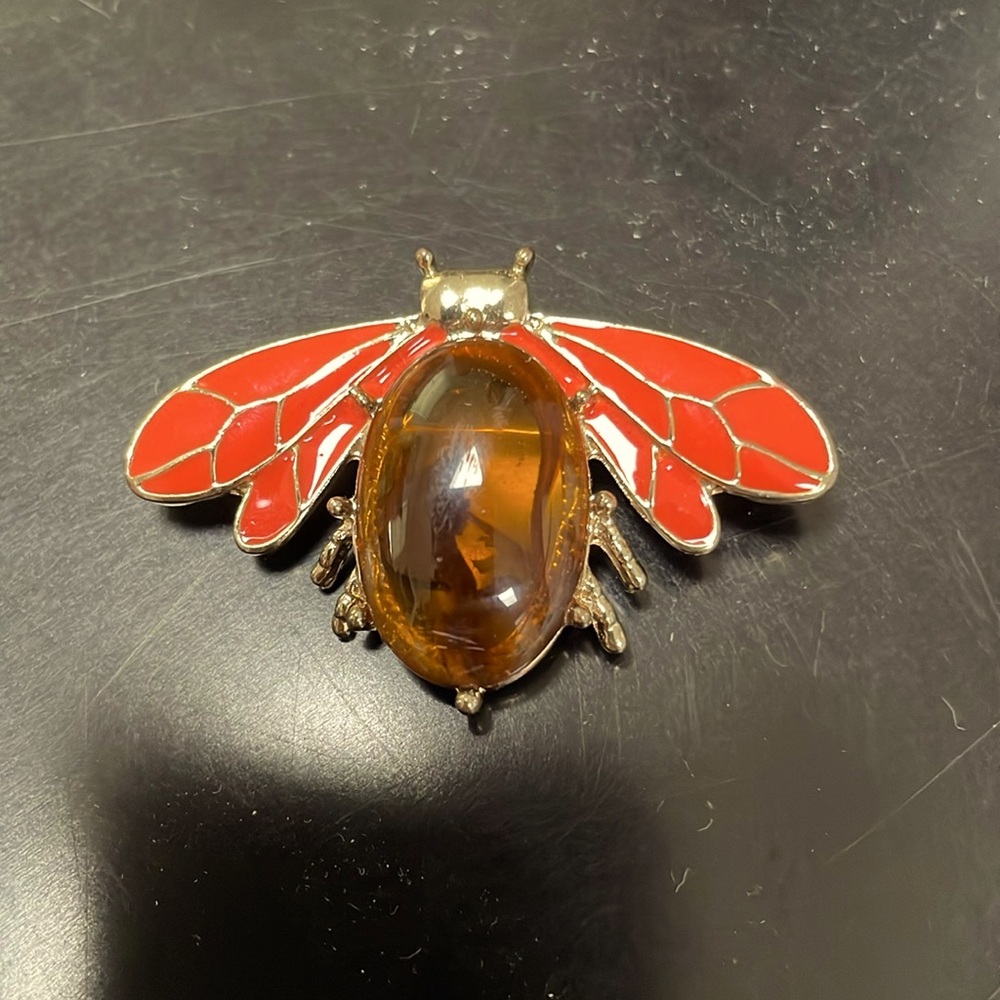 Vintage amber bug pin with enamel wings 2” brooch